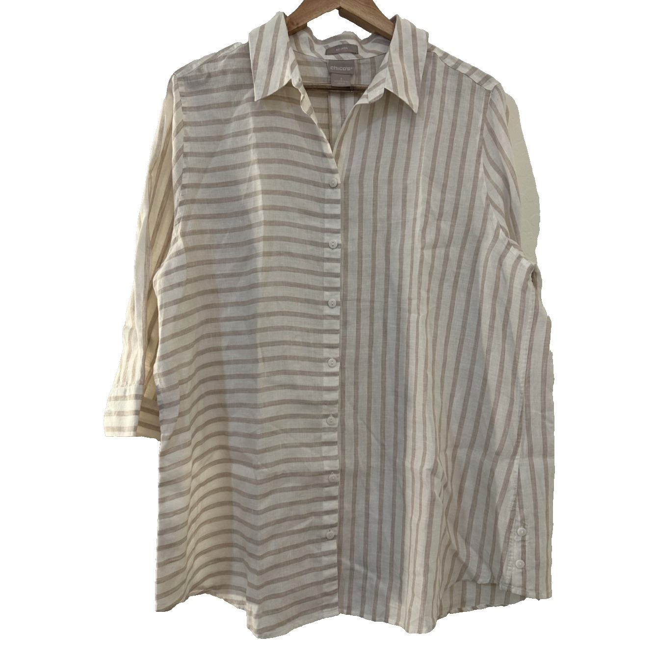 Chicos 100% Linen Womans Striped Tunic Top Size 16/18 Lagenlook Minimal Travel